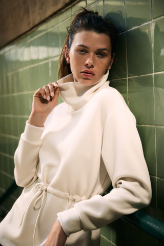 MOMENTUM LONGLINE CINCH-WAIST SOFTSCUBA SWEATER