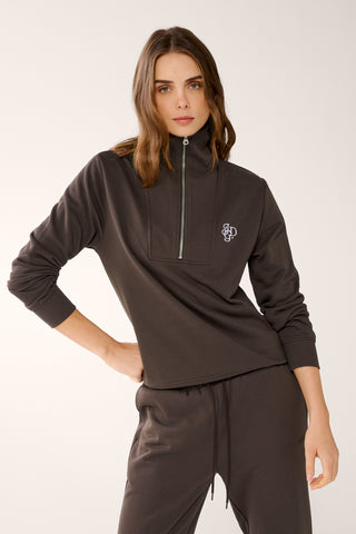 COLLEGE ZIP-NECK CLASSIC SWEATER ESPRESSO