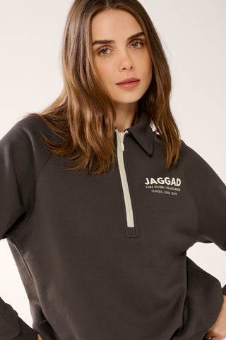 REFORM ZIP-NECK COLLARED SWEATER ESPRESSO