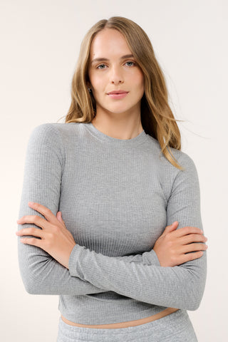 PENINSULA FITTED RIB LONG SLEEVE TOP GREY MARLE