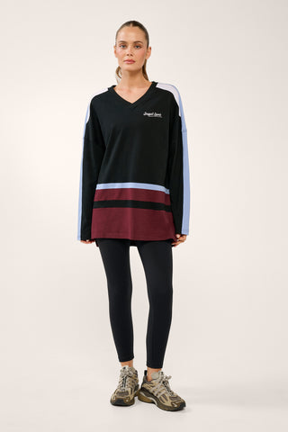 REPLAY OVERSIZED LONG SLEEVE PANELLED V-NECK TEE BLACK