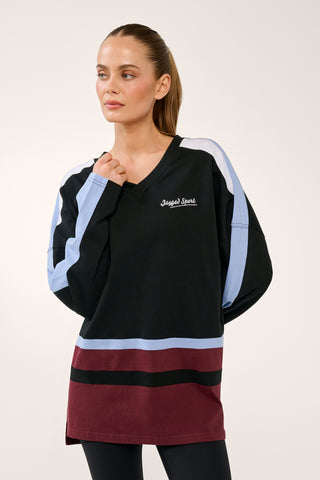 REPLAY OVERSIZED LONG SLEEVE PANELLED V-NECK TEE BLACK